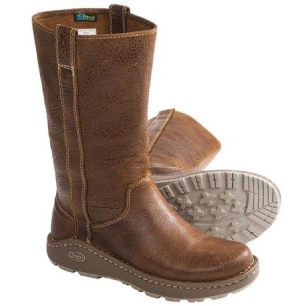 Chaco Brown Combat Moto Boots with Distressed Leather and Durable Sole